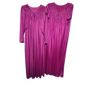 Vintage Shadowline Long Peignoir Set Nylon Nightgown & Robe Fuchsia Pink Large